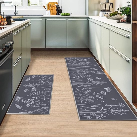 Goodivery ® Set de 2 tapis de cuisine, tapis de cuisine antidérapants, tapis de cuisine, lavable antidérapant, tapis de cuisine pour cuisine, salon, salle à manger, salle de bain (Bloem E , 40x120 cm + 40 x 60 cm