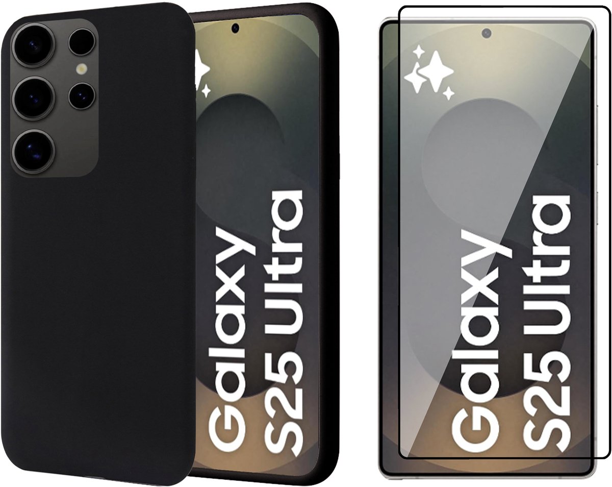 Hoesje geschikt voor Samsung Galaxy S25 Ultra - Screenprotector Glas - Mat Back Case Zwart