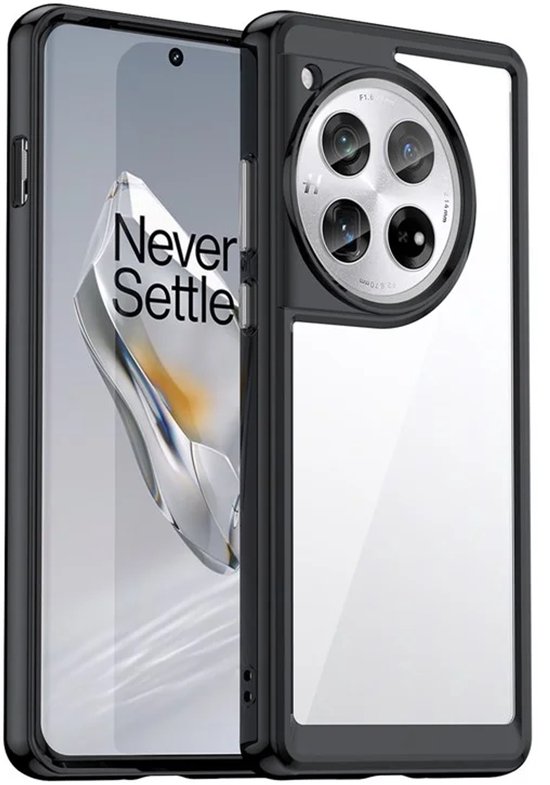 Coque de téléphone noire avec dos transparent et quatre caméras.