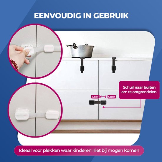 Schuif naar buiten om te ontgrendelen. Gemakkelijk te monteren op kastdeuren. Ideaal voor plekken waar kinderen niet bij mogen komen.