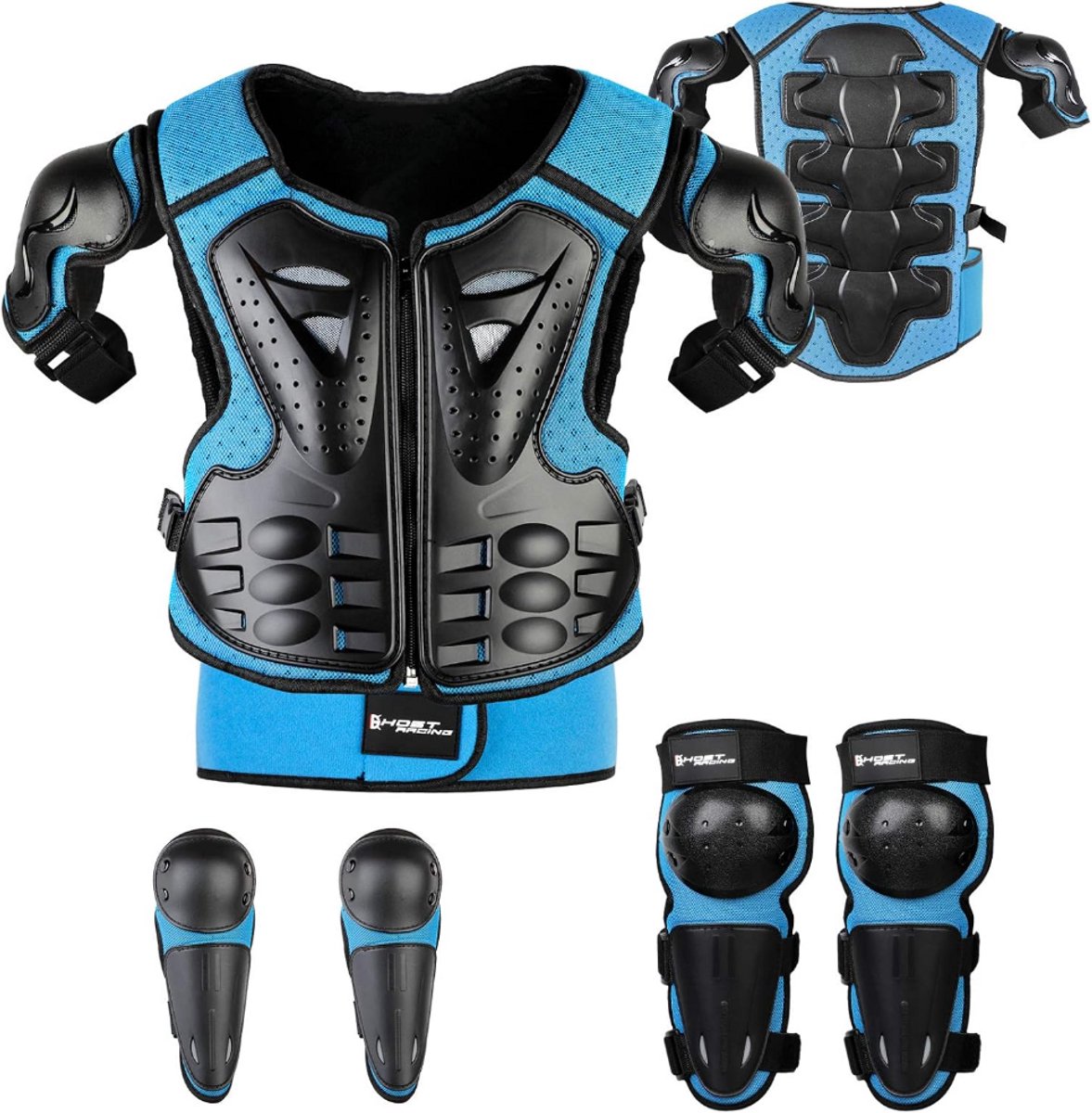 Beschermjas Kindermotorbescherming met Kniebeschermers Elleboogbeschermers Borstbeschermer Racen voor Buitensporten Motocross -Skaten -Fietsen Blauw