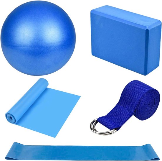 Foto: Famanu yoga starter kit 5 stuks yoga blokken en strap set yoga bal foam yoga baksteen fitness oefening weerstand loop band stretching strap pilates riem yoga apparatuur en accessoires voor thuis gym yoga blauw