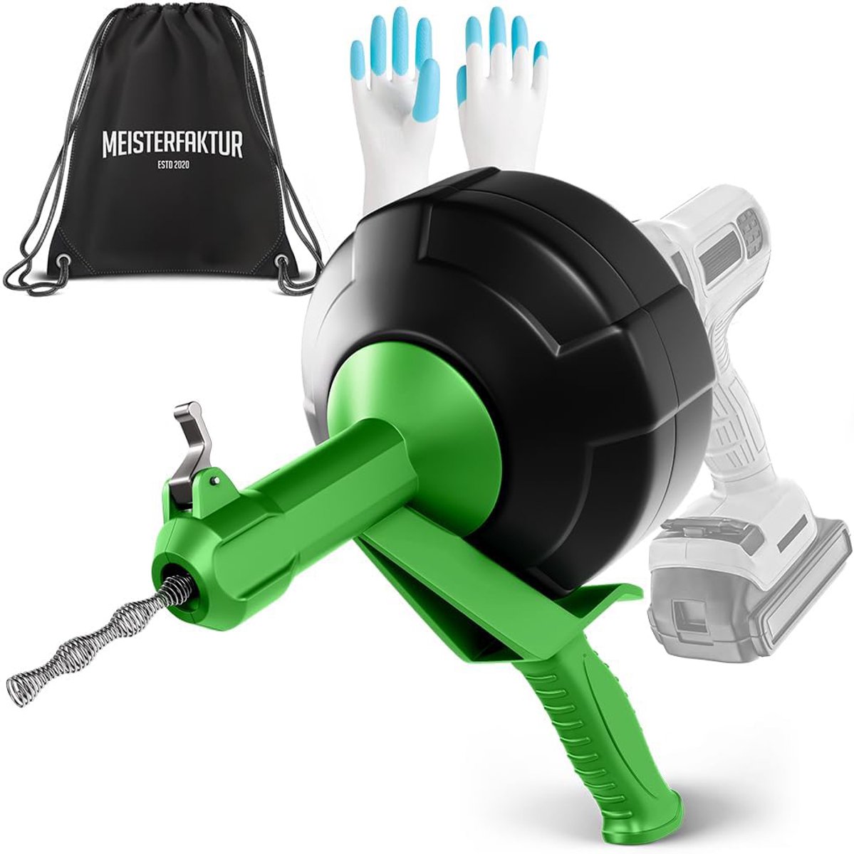 MEISTERFAKTUR Ontstoppingsveer met Automatische Voeding [15m] | Rioolontstopper met Booropzetstuk | Rioolreinigersveer met Handschoen | Gootsteen en Afvoer Ontstopper | Gootsteenontstopper | Rioolveer Boormachine