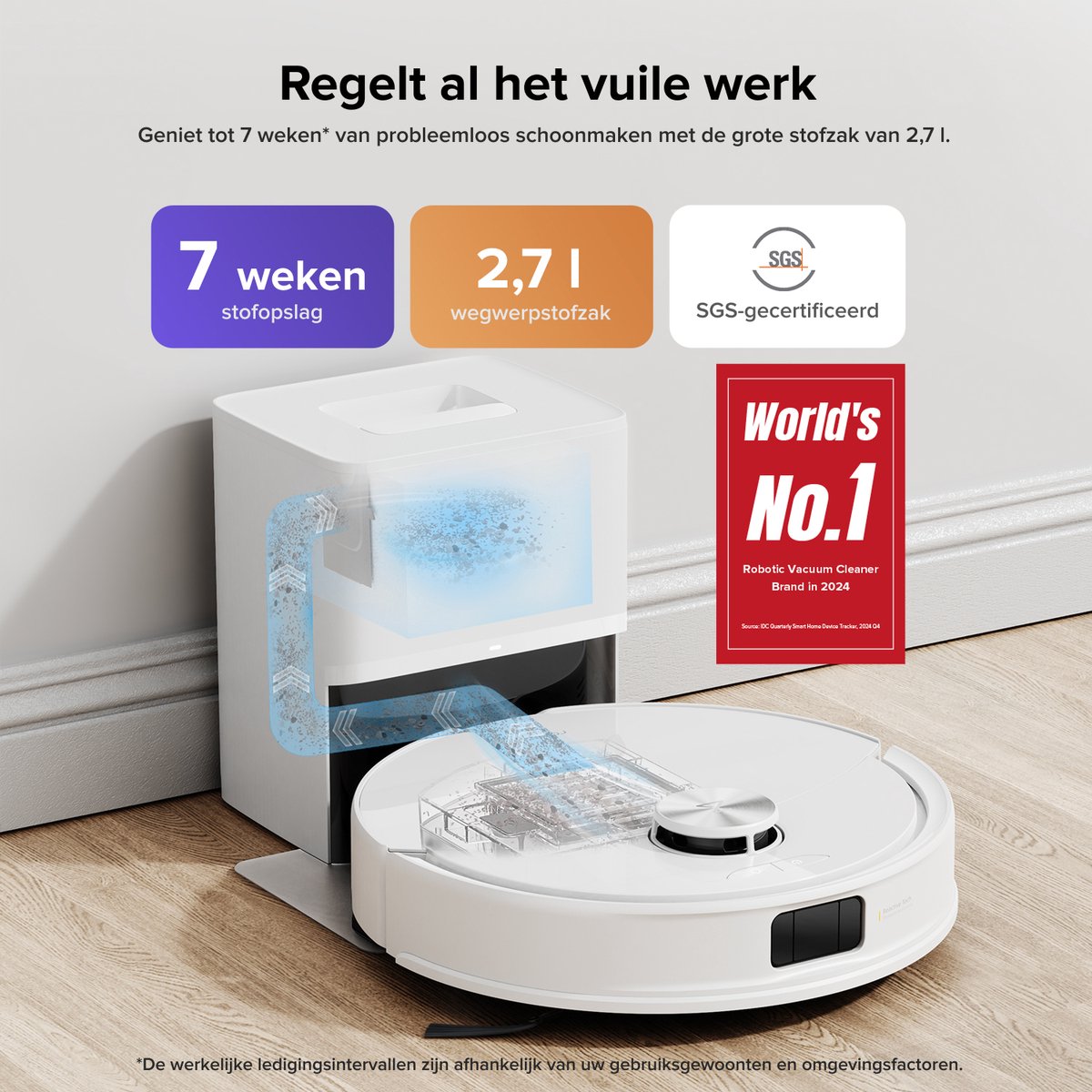 Afbeelding 3 van roborock Q10 S5+ Robotstofzuiger en Dweil met Zelflediging, Zuigkracht van 10.000 Pa, Handsfree Reinigen tot 7 Weken, Dubbel Anti-klitontwerp, Automatisch dweilen, Obstakelvermijding,Wit