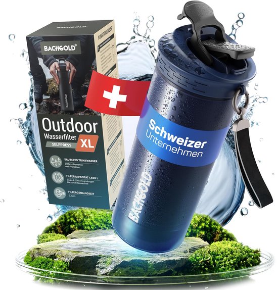 Bachgold Filtro dell'acqua per esterni con capacità di filtro 1500L,rimuove il 99,99% di tutti i batteri e filtra virus,particelle e metalli pesanti,a prova di blackout e crisi, para botella de 500ml