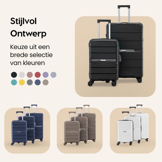 Drie koffer sets in zwart, donkerblauw, bruin en wit. Kleurenselectie.
