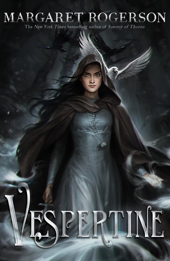 Vespertine-boekomslag met een vrouw in een kapmantel en een witte vogel.
