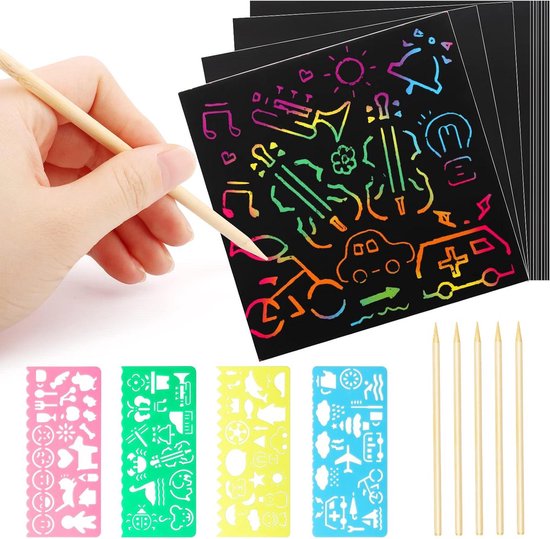 JZK 50 x Zwarte dierlijke kras kunst bladwijzer magische regenboog papier en houten stylus stick voor kinderen party bag vulstoffen, doe-het-zelf en klaslokaal activiteiten