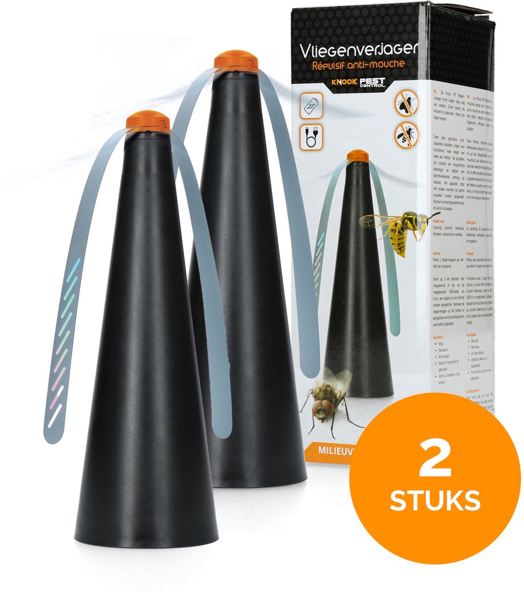 Knock Pest Control Vliegenverjager – 2 Stuks – Voor op Tafel – Staand/hangend te gebruiken – Wespenverjager – USB aansluitbaar– Inclusief kabel – 25 cm - Zwart