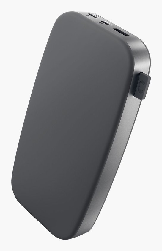 Donkergrijze powerbank met een slank, gebogen profiel en metalen rand.