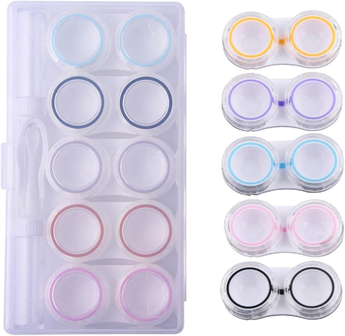 Contactlenzenhouder voor onderweg met wasreiniger toilettas en applicator voor zachte lenzen - Meerkleurig Large (verpakking van 5 stuks)