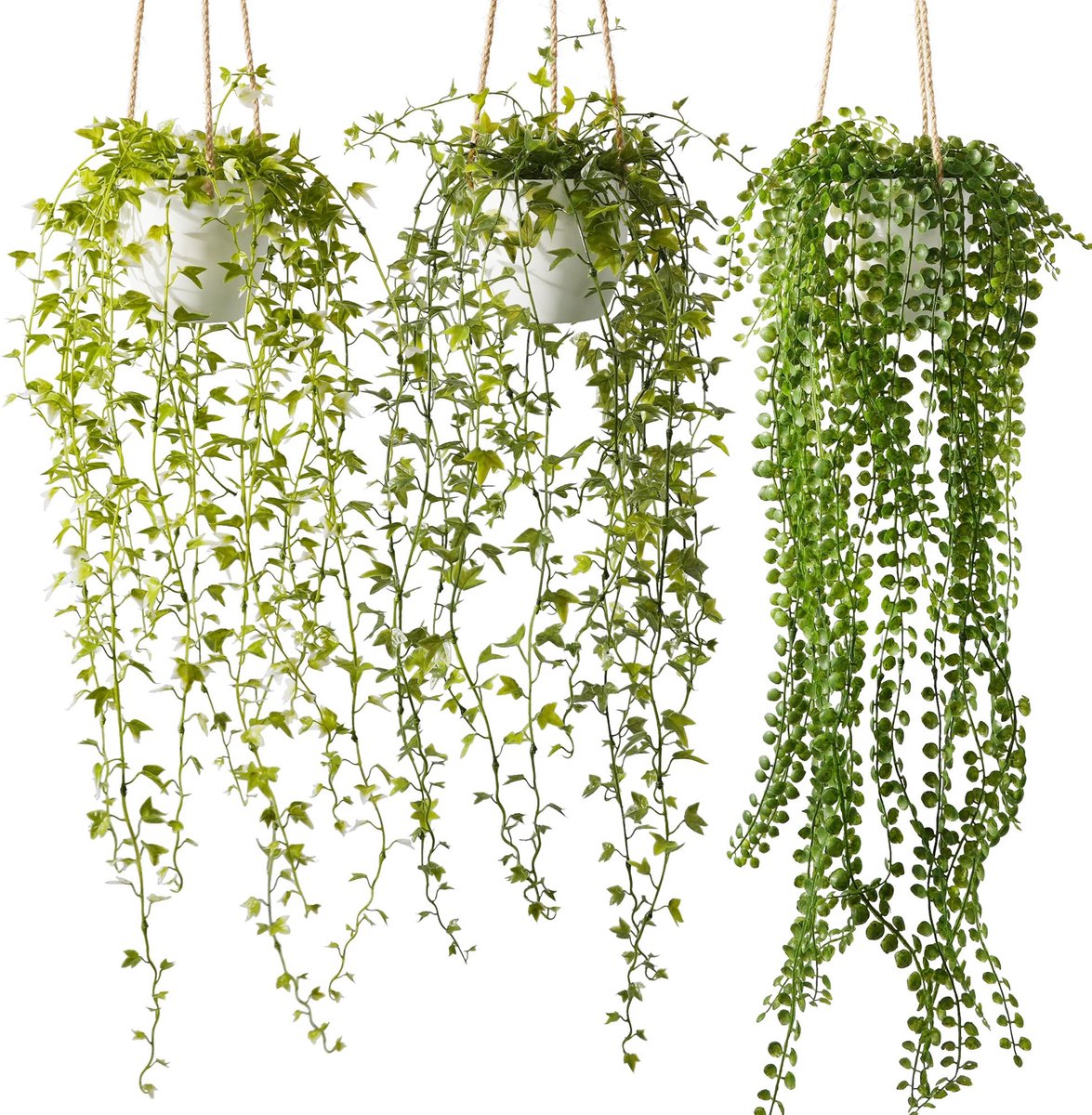 Ibenzoa® Drie Kunsthangplanten met Witte Potten - Perfecte Decoratie voor Elke Ruimte