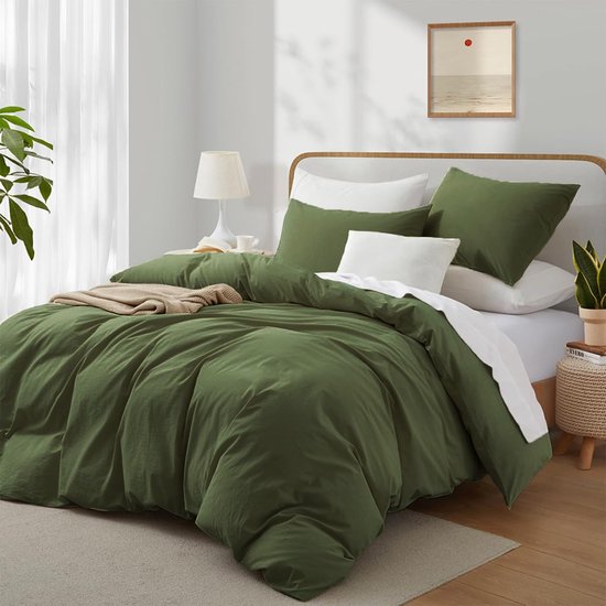 Set de lit Ibenzoa® en coton doux et confortable – Vert olive, 135 x 200 cm + 2 Taies d'oreiller 80 x 80 cm