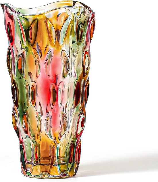 Kleurrijke glazen vaas voor bloemen, 25 cm groot, heavy duty kristalglas, bloemenvaas, handgeschilderde decoratieve vaas voor bloemstukken, tafelstukken, bruiloften, housewarming, woondecoratie
