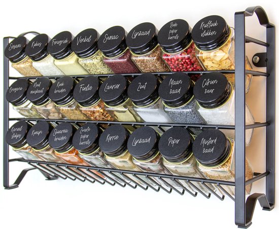 George Napoli Kruidenrek Organizer met 24 Kruidenpotjes - Strooideksels & 72 Labels - Staand - RVS - Zwart
