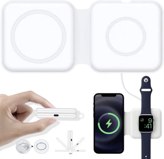 Blynk Magsafe Duo – Draadloze Oplader – 15W Snellader – Oplaadstation – Geschikt voor Apple/Iphone, AirPods en Apple Watch – Wit