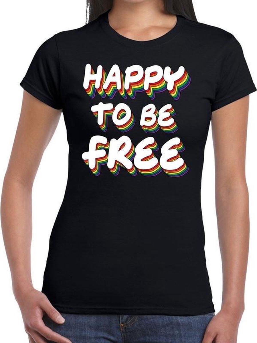 Afbeelding van product Bellatio Decorations  Happy to be free - gay pride t-shirt zwart 3D regenboog voor dames - lgbt kleding M  - maat M
