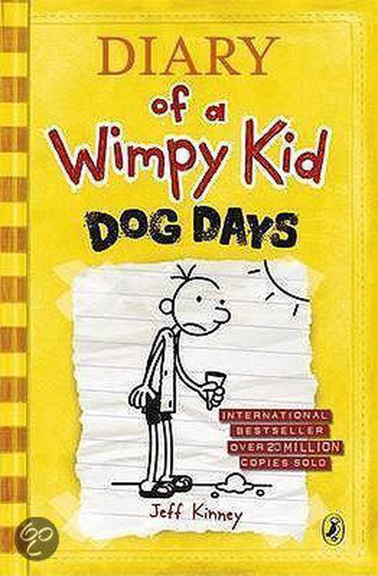 Livre "Diary of a Wimpy Kid: Dog Days" avec une couverture jaune, un dessin d'un garçon et du texte.