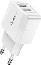 BASEUS oplader EU Plug  2.1A Mini Dual USB port Travel Charger Wit voor Apple, Samsung, Huawei, Oppo, Xiaomi e.d.