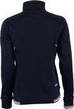 Donkerblauw trainingsjack voor dames, achterkant. Met witte biezen op de onderkant van de mouwen en de jas.