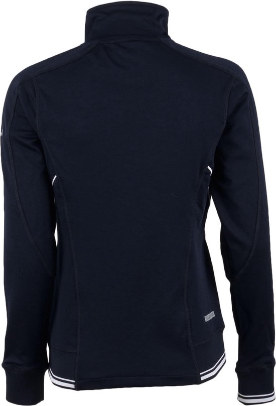Donkerblauw trainingsjack voor dames, achterkant. Met witte biezen op de onderkant van de mouwen en de jas.
