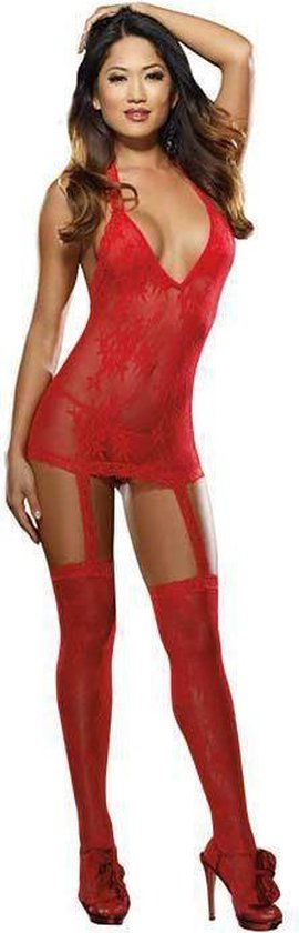 Foto: Dreamgirl lingerie sekstuigje halter bodystocking met bloem motief kant