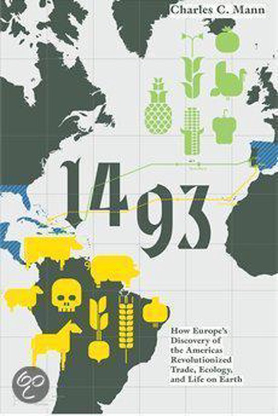 Boekomslag van "1493" door Charles C. Mann, met een kaart en gele symbolen van gewassen en dieren.