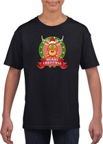 Kerst t-shirt voor kinderen met rendier Rudolf print - zwart - Kerst shirts voor jongens en meisjes XS (110-116)