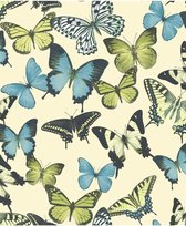 Botanical vlinders beige/blw/groen behang (vliesbehang, beige)