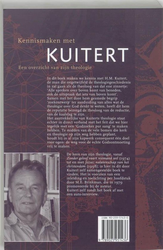 Achterkant van het boek 'Kennismaken met Kuitert' met een portret van H.M. Kuitert, biografie en ISBN-code.