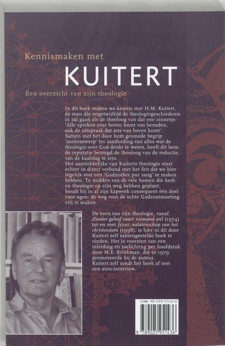 Achterkant van het boek 'Kennismaken met Kuitert' met een portret van H.M. Kuitert, biografie en ISBN-code.