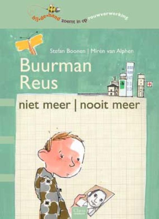 Boekcover 'Buurman Reus niet meer/nooit meer' met jongen die foto vasthoudt.