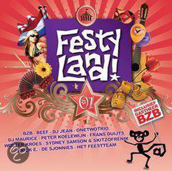Albumhoes met 'Festy Land!' logo, een vrouw in bikini, sterren, muziekinstrumenten en 'Inclusief Gastheer BZB' tekst.