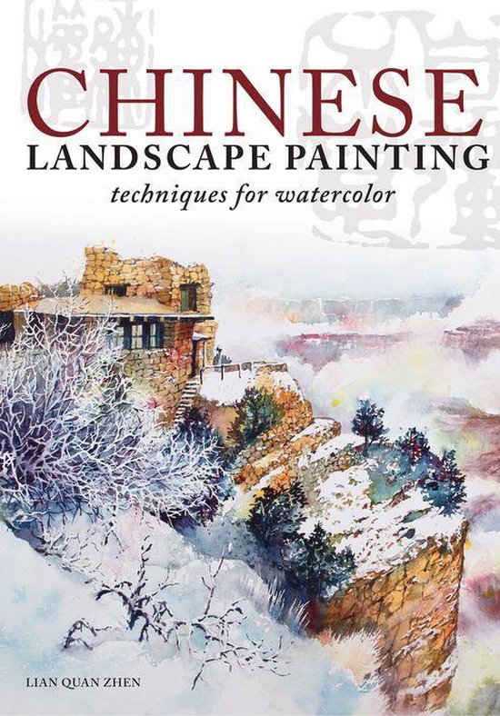 Couverture de livre : Techniques de peinture de paysage chinoise pour l'aquarelle, montrant un paysage hivernal de bâtiments en pierre sur une falaise rocheuse.