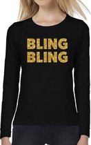 Bling Bling goud glitter tekst t-shirt long sleeve zwart voor dames- zwart Bling Blingshirt met lange mouwen voor dames XS