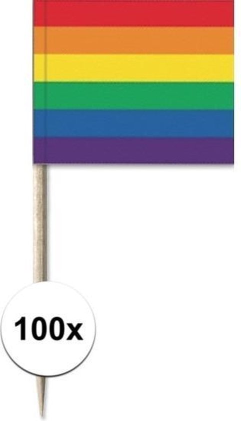 Foto: 100x cocktailprikkers regenboog vlag 8 cm vlaggetje decoratie wegwerp prikkertjes gay pride thema