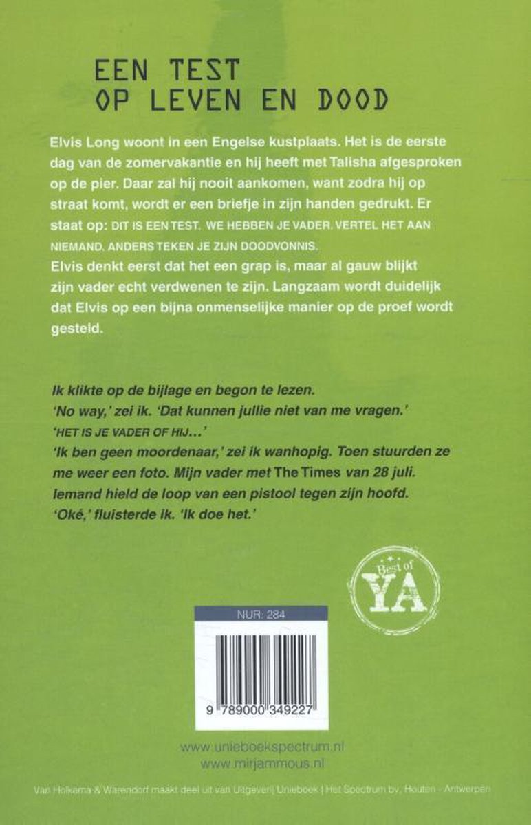 Achterkant van het boek 'Een Test Op Leven En Dood' met tekst over het verhaal en de auteur.
