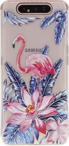 Shop4 - Samsung Galaxy A80 Hoesje - Zachte Back Case Flamingo en Bloemen Roze