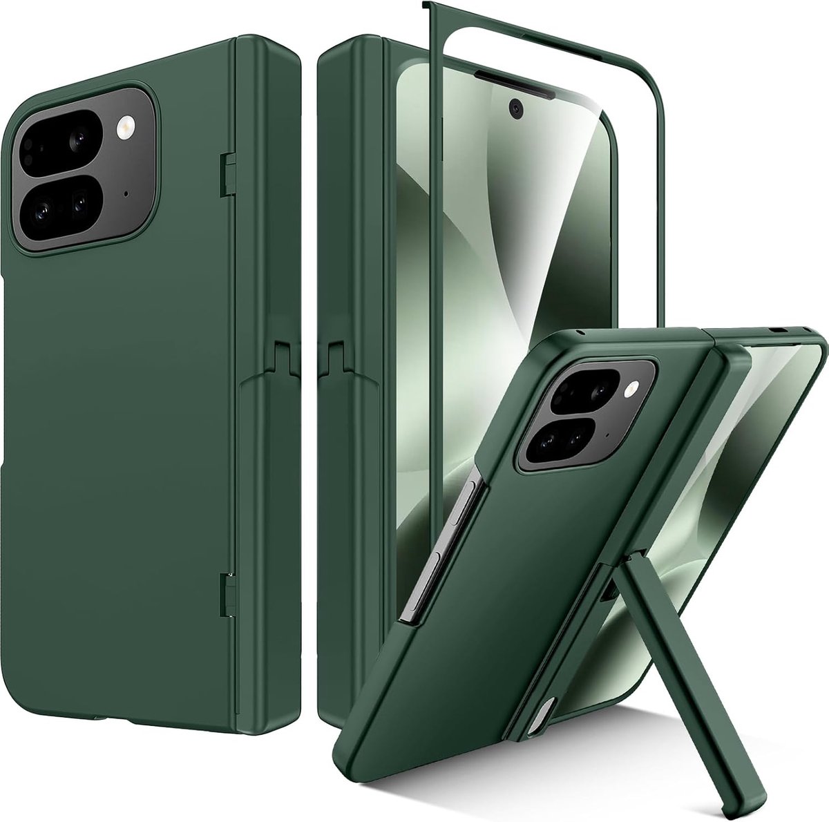 Zandarix Geschikt voor Google Pixel 10 Pro Fold - Case met Kickstand - Scharnierbescherming - Ingebouwde glazen schermbeschermer - Back Cover Hoesje - Groen
