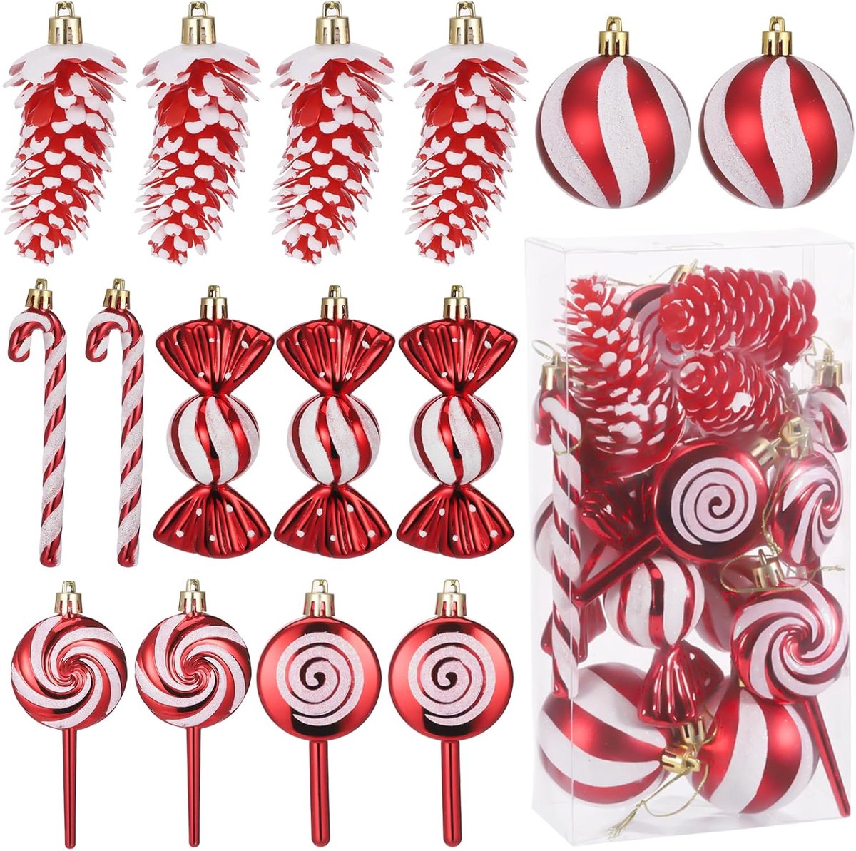 Kerstballen Set – kerstversiering - 15 Stuks Rood Wit Glitter Ornamenten – Inclusief Snoepjes Dennenappels En Lolly’s – Hangende Kerstballen Met Touw – Feestelijke En Decoratieve Kerstversiering Voor Kerstboom Huis Of Feest