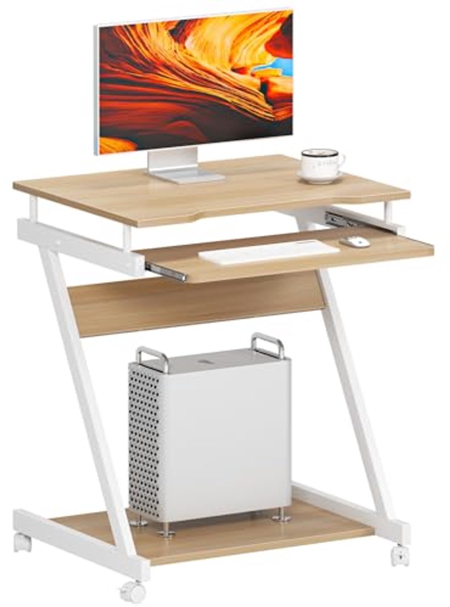 Ruimtebesparende Z-vormige mobiele computertafel met wielen en toetsenbordlade