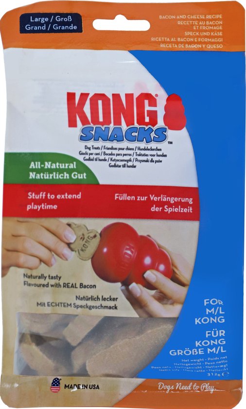 Verpakking Kong Snacks Large/Grand met rode Kong speeltje en bruine traktaties. Bacon & Cheese smaak.