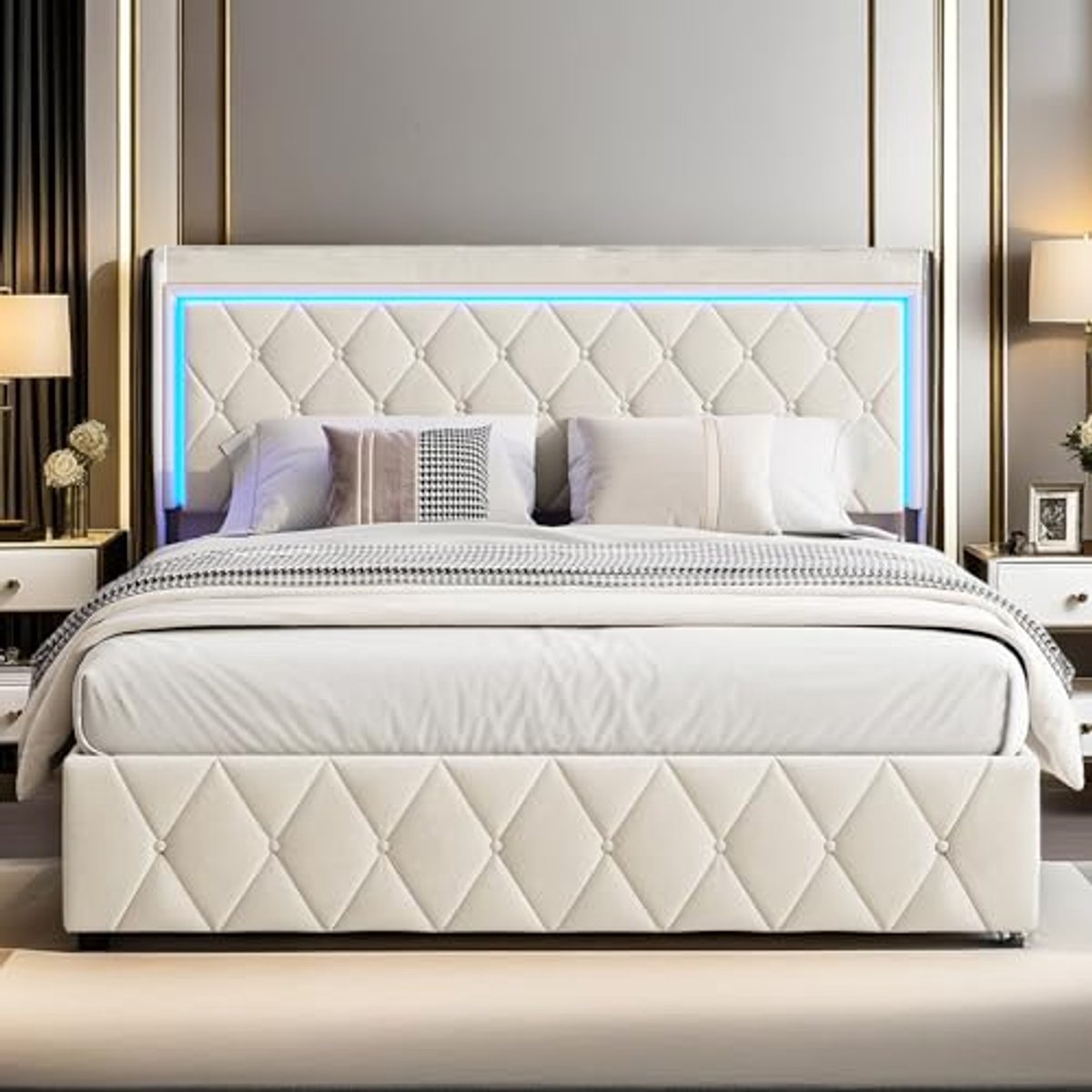 Dubbel bed met LED-verlichting en USB-oplaadfunctie 160x200cm, luxe bedframe met opbergruimte