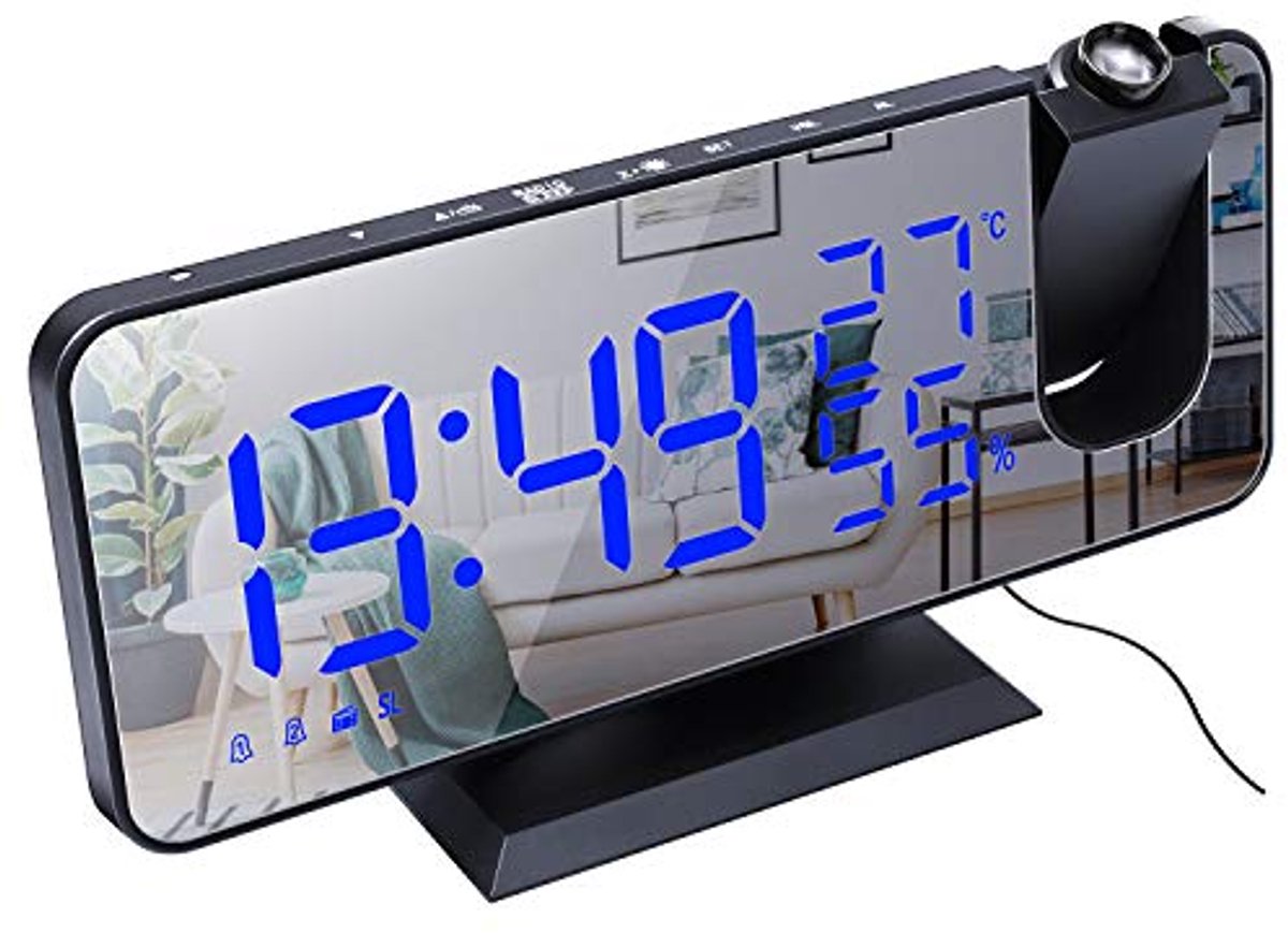 Projectie Wekker met FM Radio, USB Oplaadpoort en Dimbare Spiegelweergave