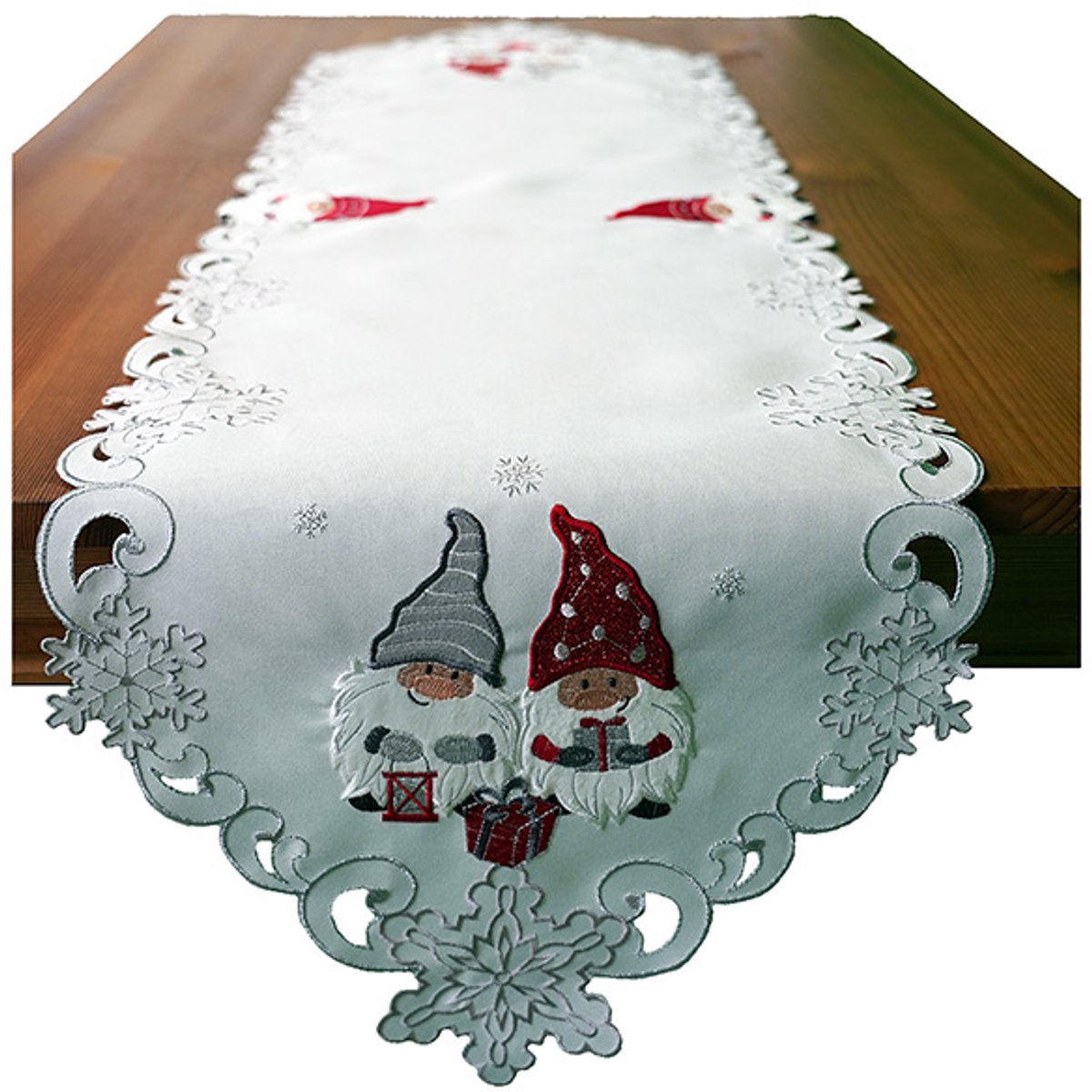 Tafelloper - linnenlook - Kerst - Wit met kabouters - gnoom - wichtels - 40 x 140 cm