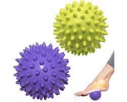 Massageballen (set van 2) - Triggerpointballen - Massageballen met reliëfpunten - Puntige ballen - Egelballen - Massageballen - Triggerpoint-oefenballen - Voor het masseren van hand-, been-, schouder-, heup- en voetspieren (Groen/Paars 7,5 cm)