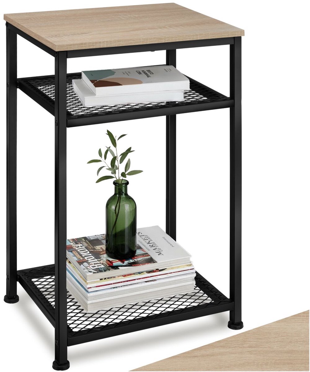 tectake® Bijzettafel van Hout en Metaal – Industrieel Design, Salontafel met 3 Niveaus, Inclusief 2 Roosterplanken, Zwart Metalen Frame – Industrieel Licht Hout, Sonoma Eiken