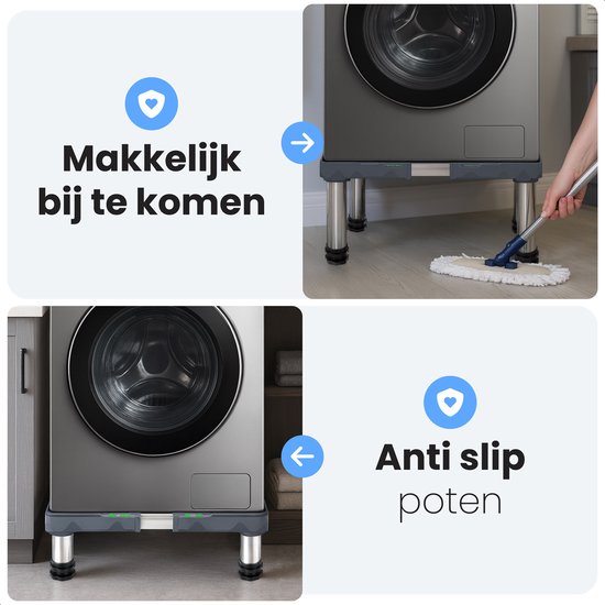 Zwarte verhogers onder een wasmachine, een persoon maakt de vloer schoon. Zwarte verhogers met anti-slip poten onder een wasmachine.