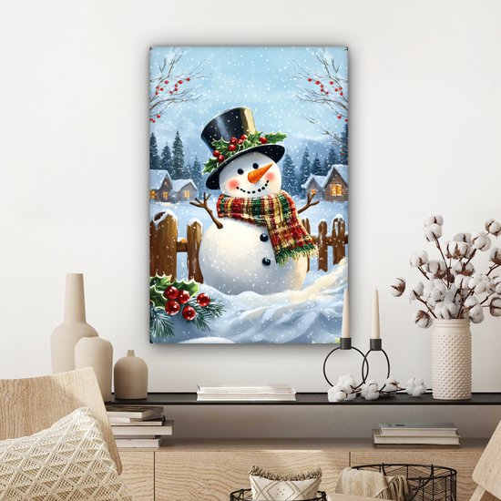 Tableau sur toile 60x90 cm - Décoration murale exclusive Bonhomme de neige - Village d'hiver - Coloré - Décoration murale salon - Décoration chambre - Accessoires de chambre - Peintures sur toile
