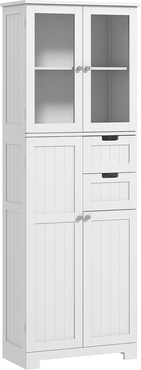 Badkamerkast – Badkamerkolom – Opbergkast – Bergkast – Kast Met Glazen Deuren – Wit – 60x30x170 cm – Verstelbare Planken – Inclusief Lades